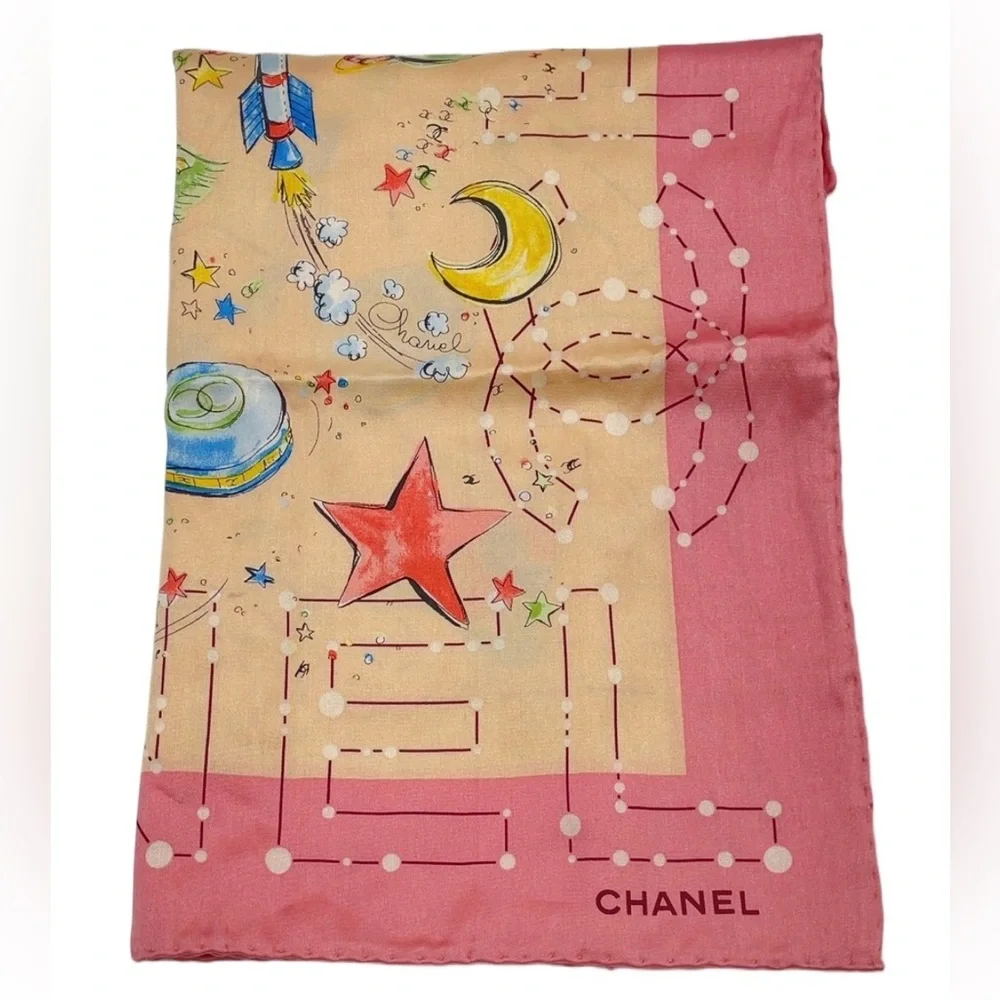 Chanel Pink Whimsical Celestial Stars Moon Planet Silk Scarf